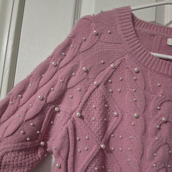 NWT Pink Pearl Embellished Boxy Fit Crewneck Knit Sweater by Francesca's. - Picture 6 of 13